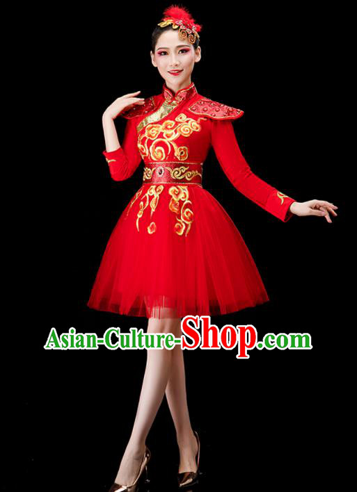 Chinese Stage Performance Red Short Dress Modern Dance Costume Drum Dance Women Group Dance Clothing
