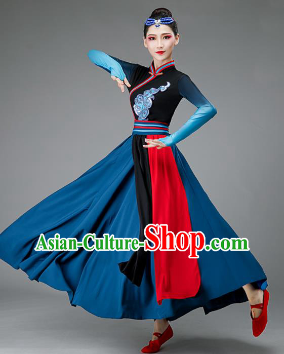 Chinese Mongolia Dance Costume Ethnic Dance Dark Blue Dress Women Group Dance Clothing Opening Dance Outfit