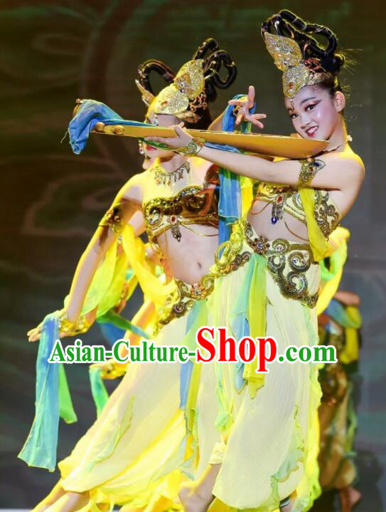 Chinese Classical Dance Clothing Traditional Pipa Dance Costume Dun Huang Flying Apsaras Dance Yellow Outfit
