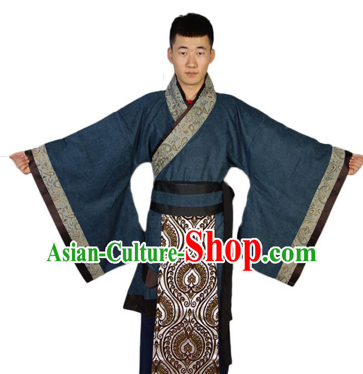 Chinese Traditional Navy Official Robe Ancient Scholar Clothing Han Dynasty Garment Costumes