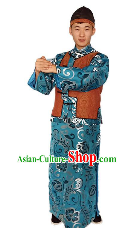 Chinese Qing Dynasty Childe Clothing Ancient Merchant Garment Costumes Traditional Young Master Blue Outfit