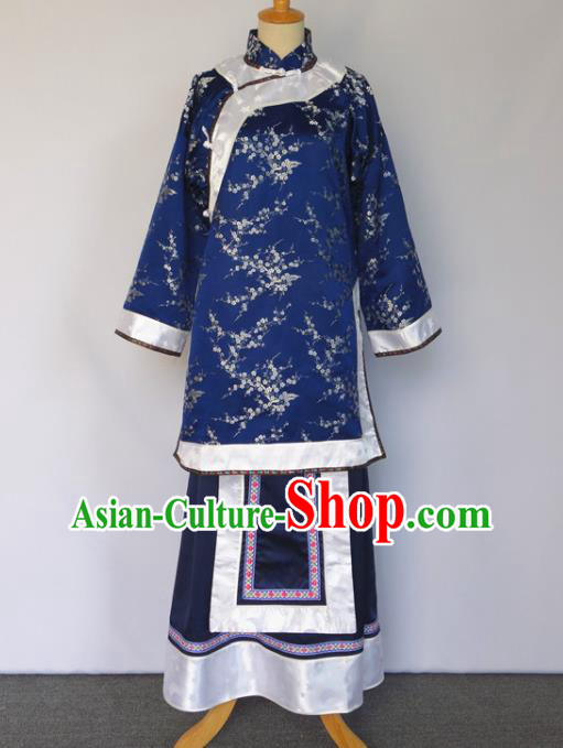 Chinese Ancient Rich Mistress Clothing Late Qing Dynasty Garment Costumes Traditional Noble Woman Dark Blue Outfit