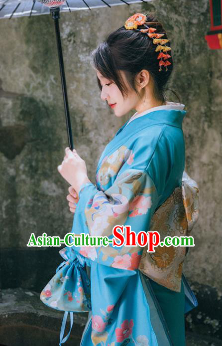 Japan Traditional Garment Japanese Blue Kimono Summer Festival Young Lady Yukata Dress