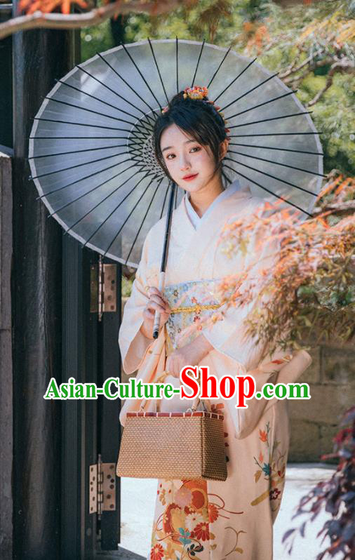 Japanese Traditional Garment Printing Beige Kimono Japan Summer Festival Young Lady Yukata Dress