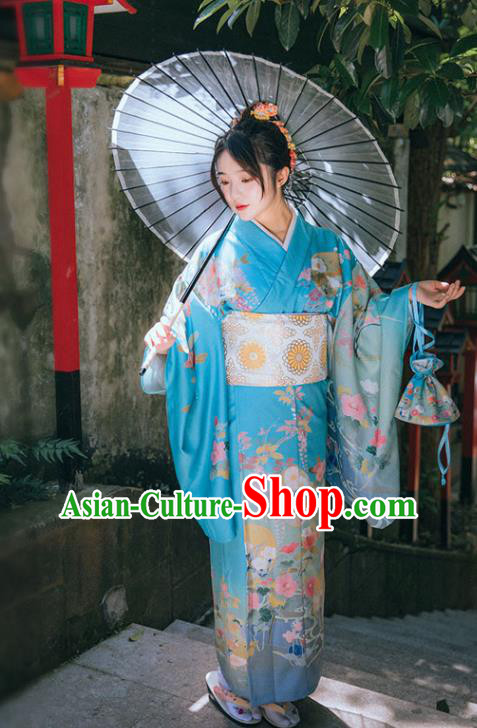 Japan Traditional Garment Japanese Blue Kimono Summer Festival Young Lady Yukata Dress