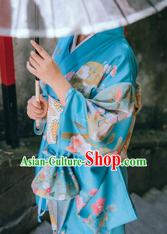 Japan Traditional Garment Japanese Blue Kimono Summer Festival Young Lady Yukata Dress