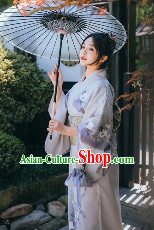 Japan Summer Festival Sakura Yukata Dress Japanese Traditional Garment Printing Lilac Kimono