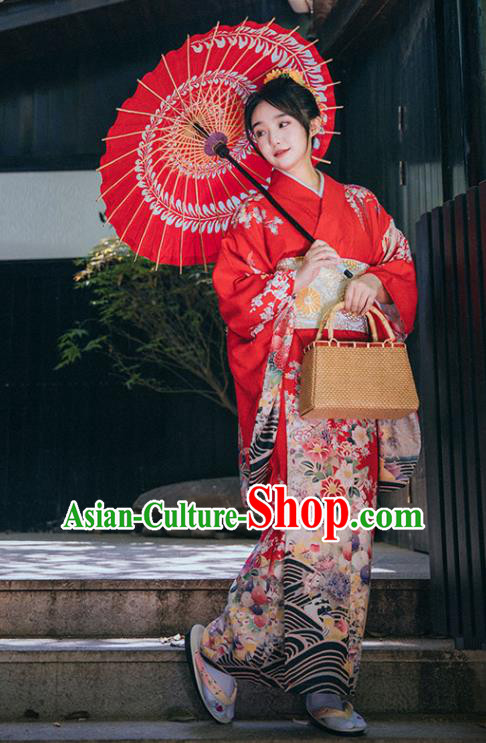 Japan Printing Red Kimono Summer Festival Sakura Yukata Dress Japanese Traditional Garment