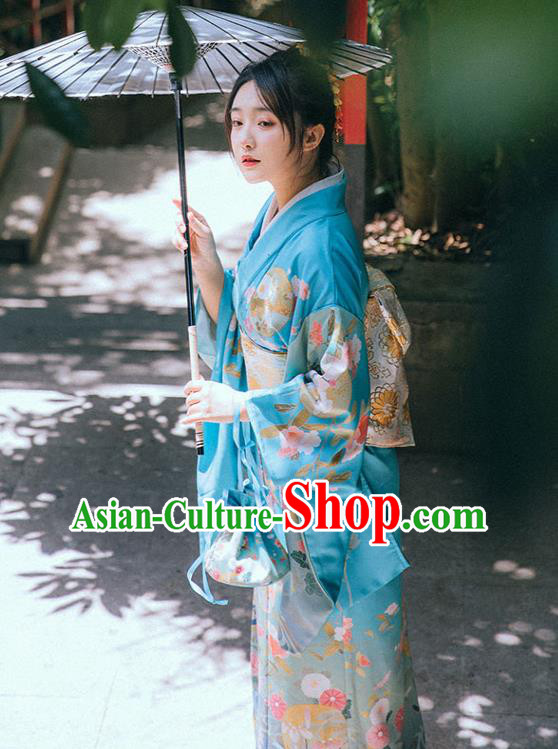 Japan Traditional Garment Japanese Blue Kimono Summer Festival Young Lady Yukata Dress