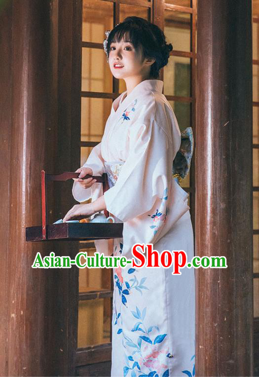 Japan Traditional Young Lady Garment White Kimono Japanese Summer Festival Yukata Dress
