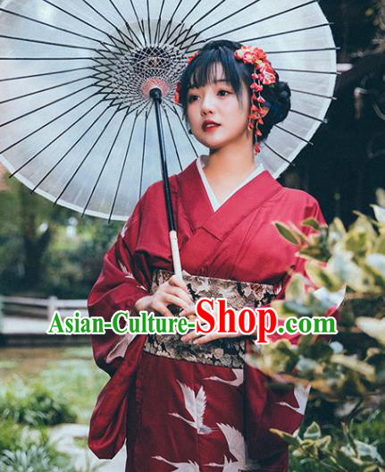 Japanese Printing Cranes Wine Red Kimono Summer Festival Yukata Dress Japan Traditional Young Lady Garment