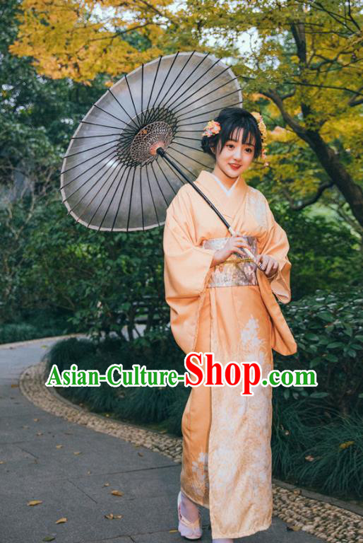 Japan Young Lady Garment Japanese Printing Orange Kimono Traditional Summer Festival Yukata Dress