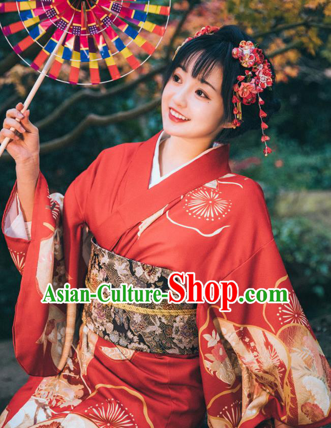 Japanese Printing Red Kimono Japan Traditional Summer Festival Yukata Dress Young Lady Garment