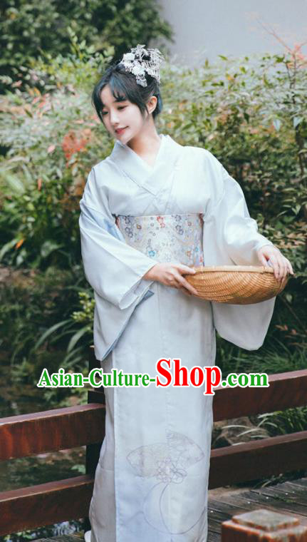 Japanese Young Lady Garment Printing White Kimono Japan Traditional Summer Festival Yukata Dress