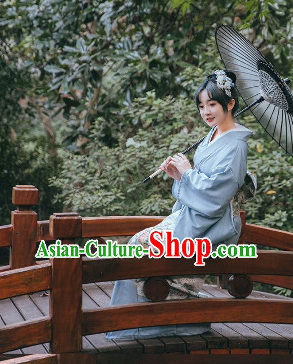 Japan Traditional Summer Festival Yukata Dress Japanese Young Lady Garment Printing Blue Kimono