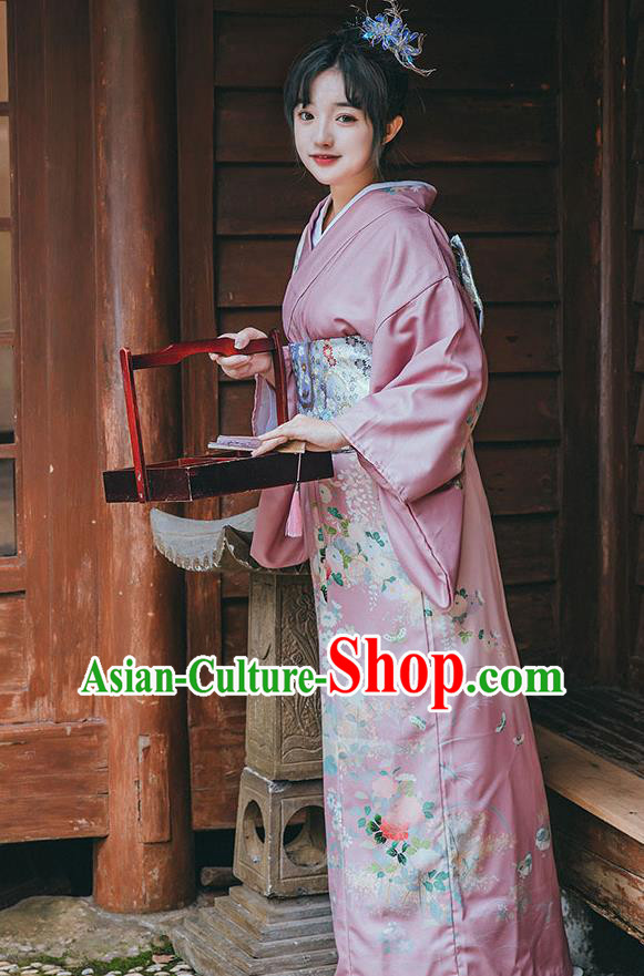 Japanese Summer Festival Young Lady Garment Japan Printing Pink Kimono Traditional Yukata Dress