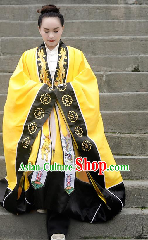 Chinese Embroidered Dragon Yellow Robe Traditional Taoism Priest Frock Handmade Silk Taoist Robe