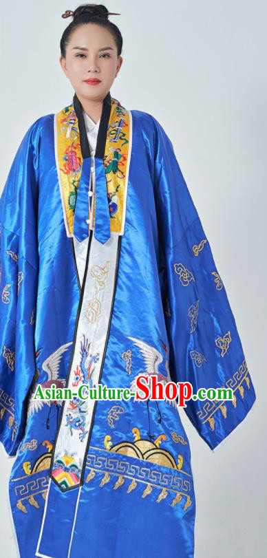 Chinese Traditional Taoism Garment Handmade Blue Taoist Master Robe Embroidered Cranes Silk Robe Priest Frock