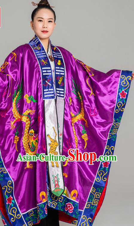 Top Embroidered Dragon Priest Frock Chinese Traditional Taoism Purple Silk Garment Handmade Taoist Ecclesiastical Costume