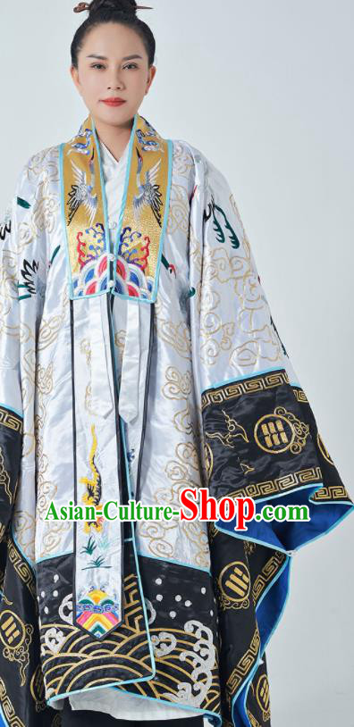 Chinese Taoism Ritual Priest Frock San Qing Garment Handmade Taoist Master Costume Embroidered Crane White Silk Robe