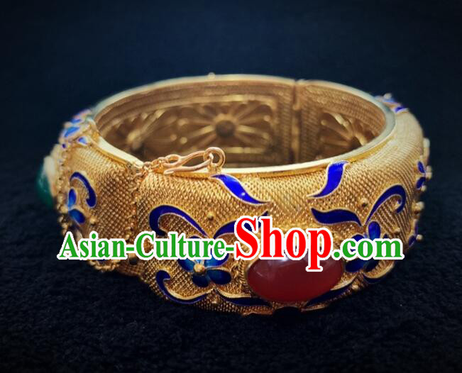 Chinese Traditional Filigree Bracelet Handmade Qing Dynasty Court Golden Bracelet Ancient Empress Ruyi Gems Jewelry
