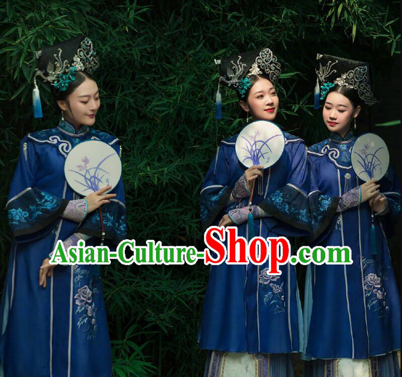 Traditional Qing Dynasty Palace Dance Dress Chinese Ancient Empress Blue Costumes