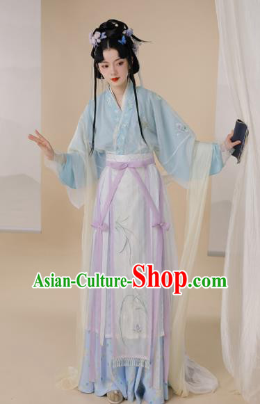 Chinese Jin Dynasty Garment Costumes Ancient Palace Princess Clothing Traditional Embroidered Blue Hanfu Dress