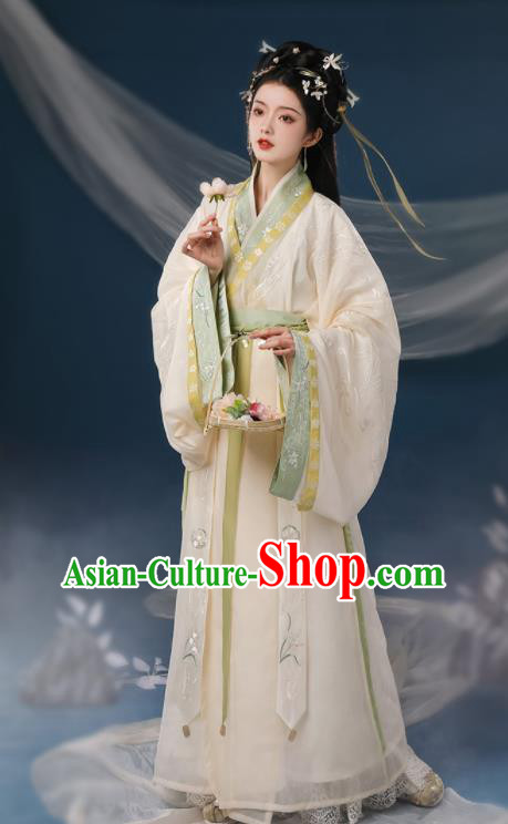 Chinese Ancient Palace Princess Clothing Traditional Embroidered Beige Hanfu Dress Eastern Han Dynasty Garment Costumes