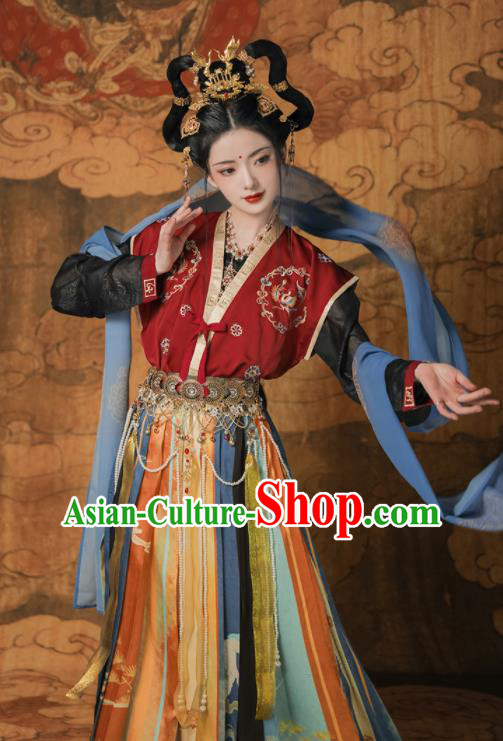 Chinese Traditional Embroidered Red Hanfu Dress Tang Dynasty Royal Princess Garment Costumes Ancient Dance Goddess Clothing