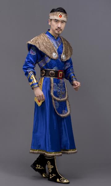 Chinese Mongolian Costumes Traditional Mongol Ethnic Minority Male Suit Folk Dance Blue Clothing