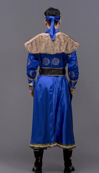 Chinese Mongolian Costumes Traditional Mongol Ethnic Minority Male Suit Folk Dance Blue Clothing