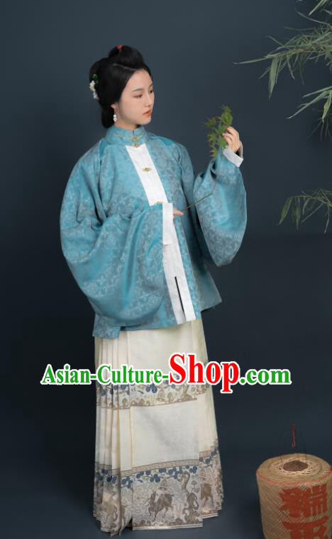 Chinese Ancient Noble Woman Blue Blouse and White Brocade Skirt Ming Dynasty Historical Costume