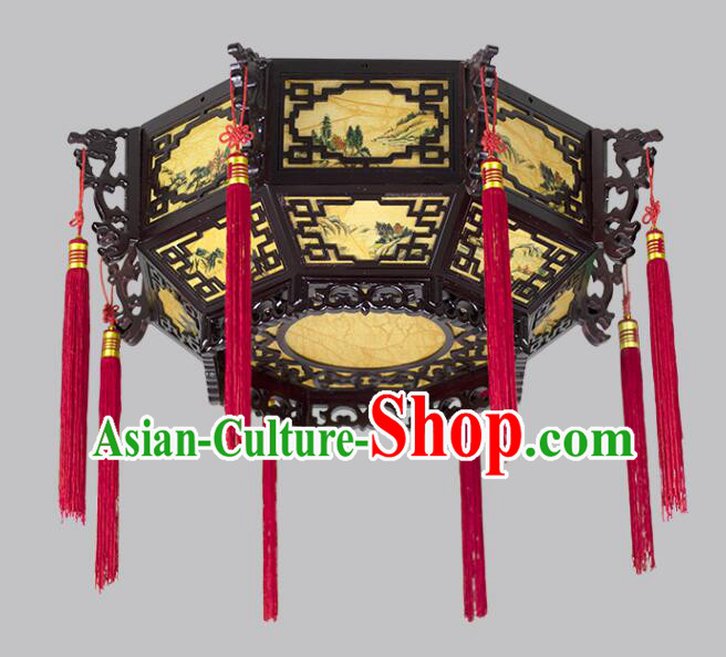 Chinese Traditional Ceiling Lamp Landscape Painting Ceiling Lantern Handmade Rosewood Lantern