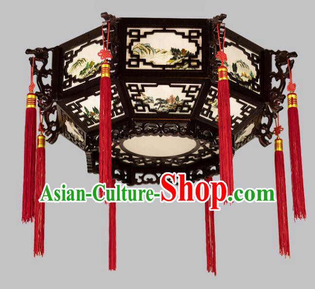Chinese Traditional Ceiling Lamp Landscape Painting Ceiling Lantern Handmade Rosewood Lantern