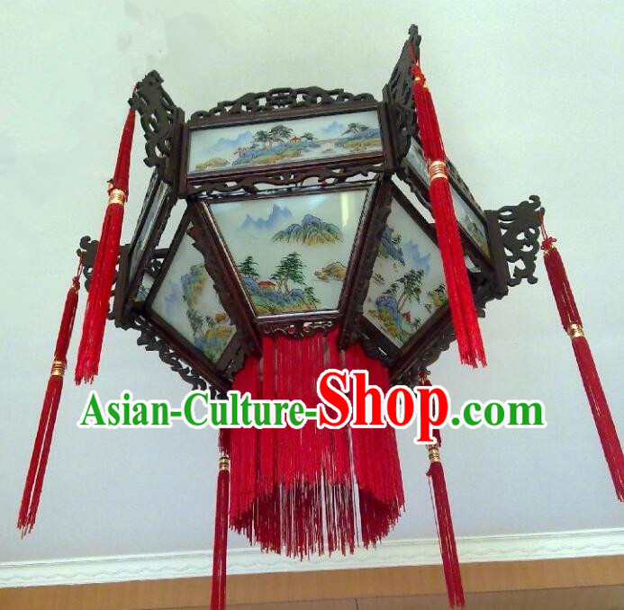 Chinese Handmade Rosewood Lantern Traditional Ceiling Lamp Landscape Painting Ceiling Lantern