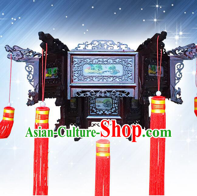 Chinese Landscape Painting Palace Lantern Handmade Rosewood Lantern Traditional Ceiling Lamp