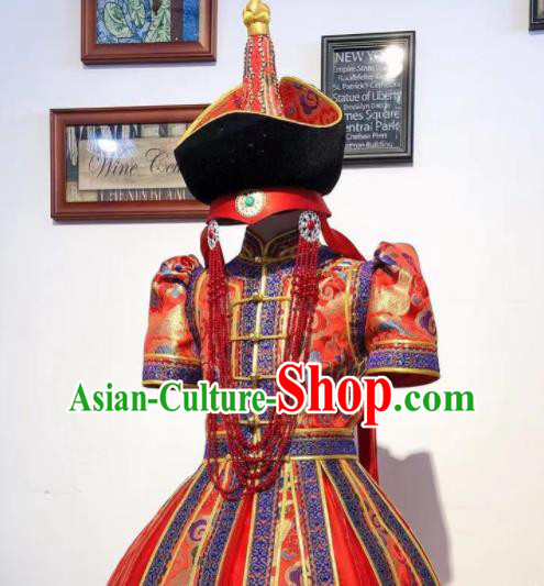 Chinese Folk Dance Costume Mongol Nationality Garment Children Dance Mongolian Red Dress