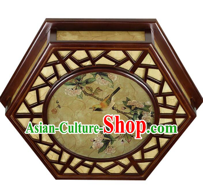 Chinese Handmade Wood Lantern Traditional Ceiling Parchment Lamp Painting of Birds and Flowers Lantern