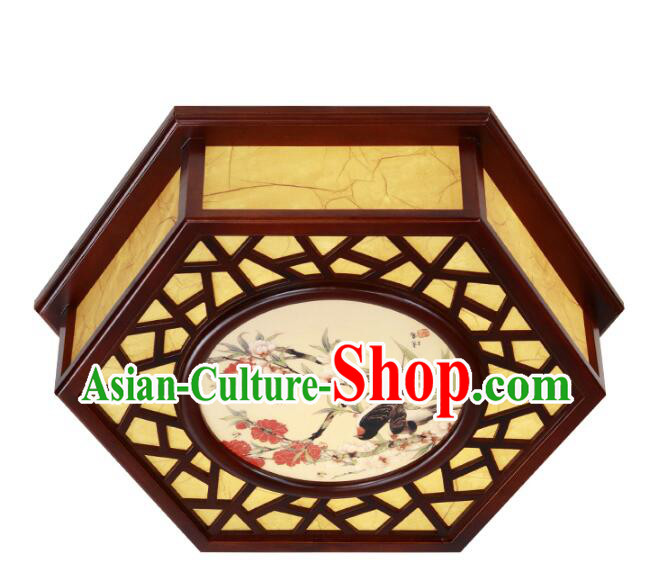 Chinese Handmade Wood Lantern Traditional Ceiling Parchment Lamp Painting of Birds and Flowers Lantern