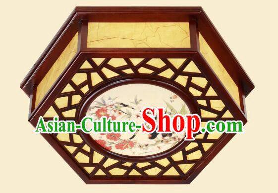 Chinese Handmade Wood Lantern Traditional Ceiling Parchment Lamp Painting of Birds and Flowers Lantern