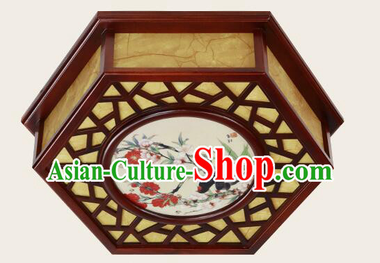 Chinese Handmade Wood Lantern Traditional Ceiling Parchment Lamp Painting of Birds and Flowers Lantern