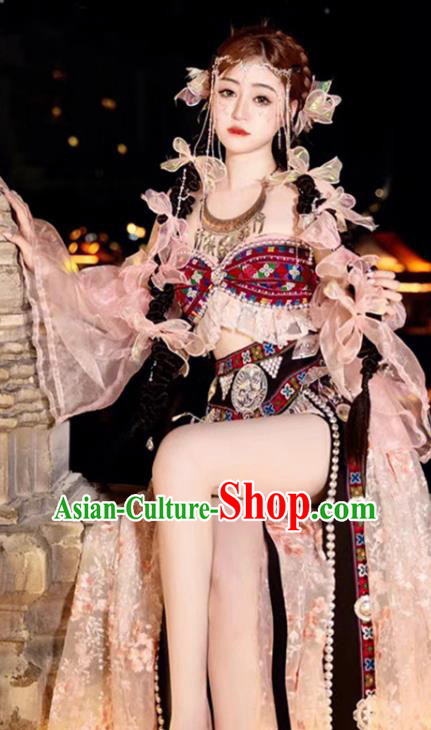 Chinese Va Nationality Costume Belly Dance Garment Folk Dance Clothing