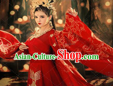 Chinese Tang Dynasty Empress Clothing Ancient Embroidered Red Dress Wedding Costume