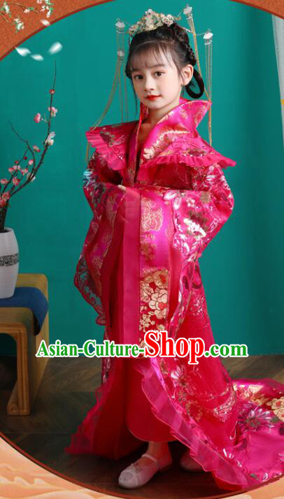 Chinese Children Clothing Ancient Princess Magenta Trailing Dress Tang Dynasty Imperial Empress Garment Costume