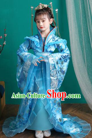 Chinese Tang Dynasty Imperial Empress Garment Costume Children Clothing Ancient Princess Blue Trailing Dress
