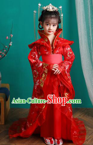 Chinese Ancient Children Clothing Imperial Concubine Red Trailing Dress Tang Dynasty Imperial Empress Garment Costume