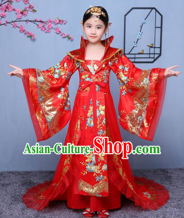 Chinese Tang Dynasty Empress Garment Costume Ancient Children Clothing Fairy Red Dress