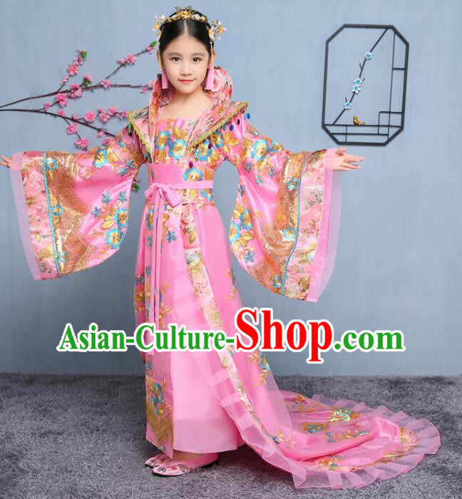 Chinese Fairy Pink Dress Tang Dynasty Empress Garment Costume Ancient Princess Children Clothing