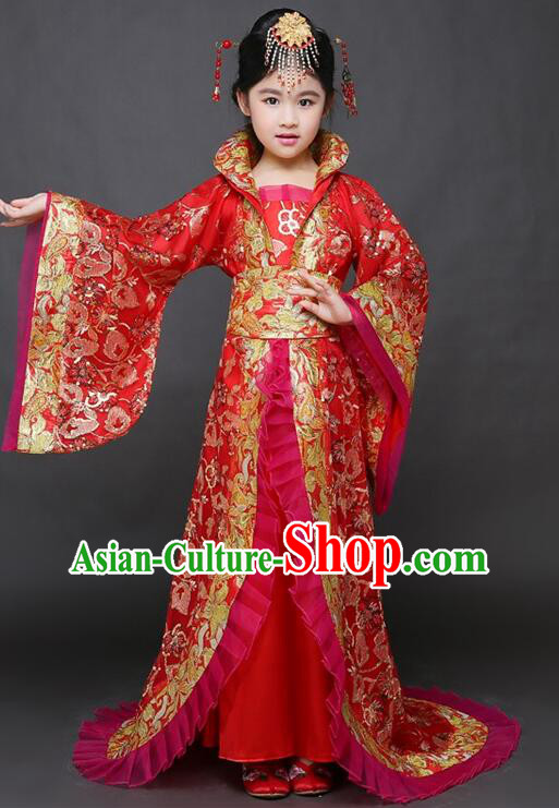 Chinese Ancient Children Clothing Princess Red Dress Tang Dynasty Imperial Concubine Garment Costume