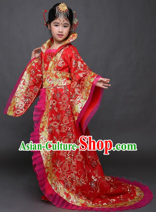 Chinese Ancient Children Clothing Princess Red Dress Tang Dynasty Imperial Concubine Garment Costume